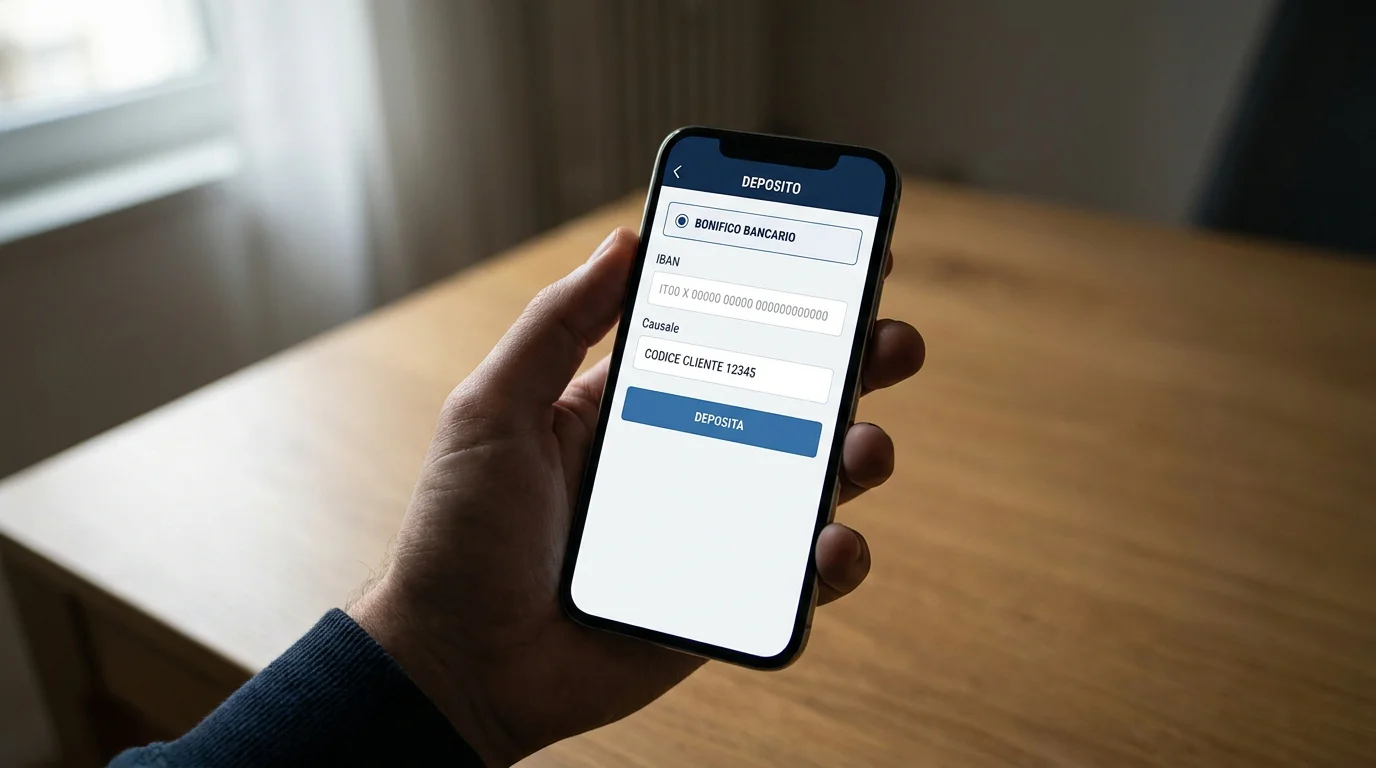 Schermata di un'app di scommesse con form per bonifico bancario
