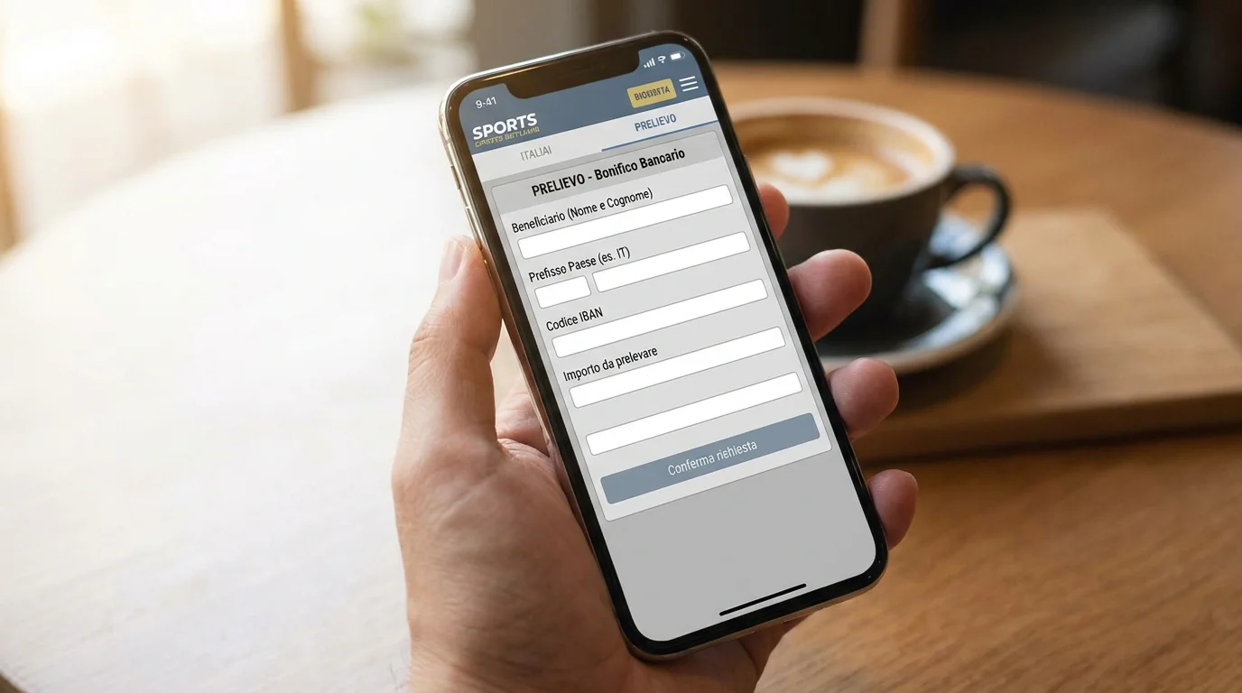 Schermata di un'app di scommesse con dettaglio di un prelievo via bonifico