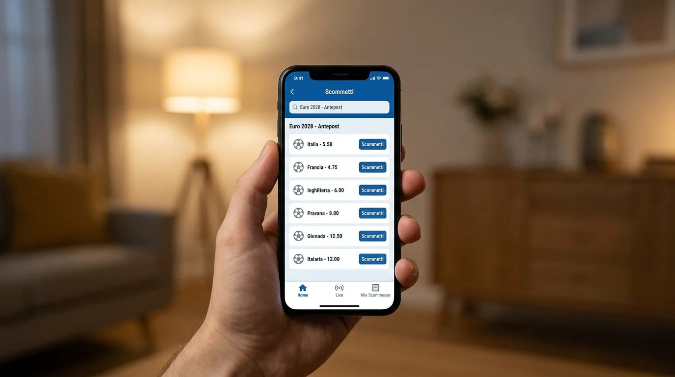 Schermata di un'app italiana con le quote antepost per Euro 2028 evidenziate