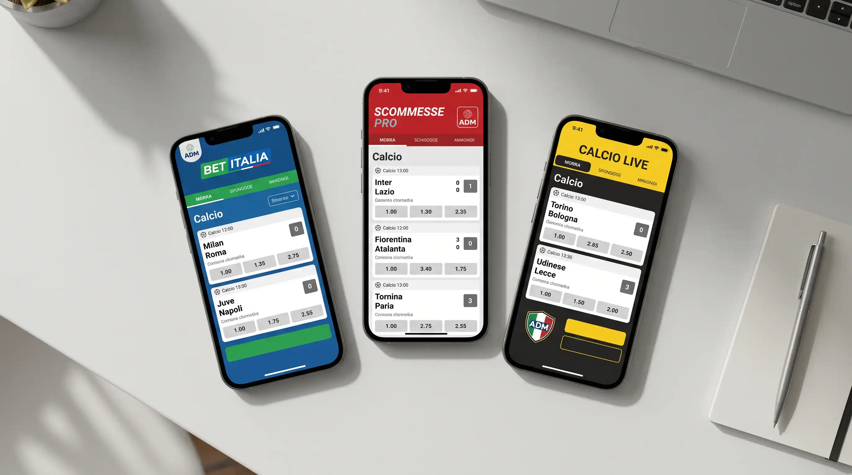 Confronto stilizzato fra le interfacce di diverse app di scommesse italiane con licenza ADM