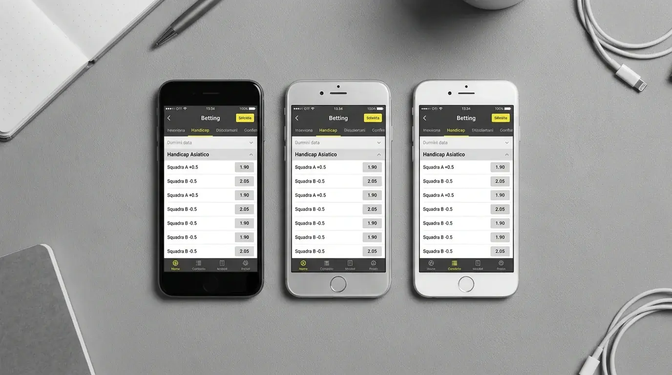 Tre smartphone con le interfacce di diversi bookmaker italiani che offrono handicap asiatico
