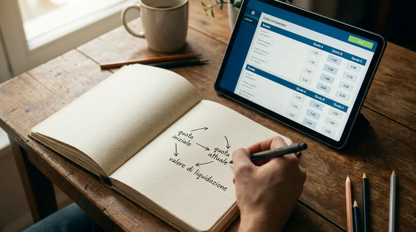 Diagramma stilizzato che illustra il calcolo del valore di liquidazione di una scommessa calcio con cashout