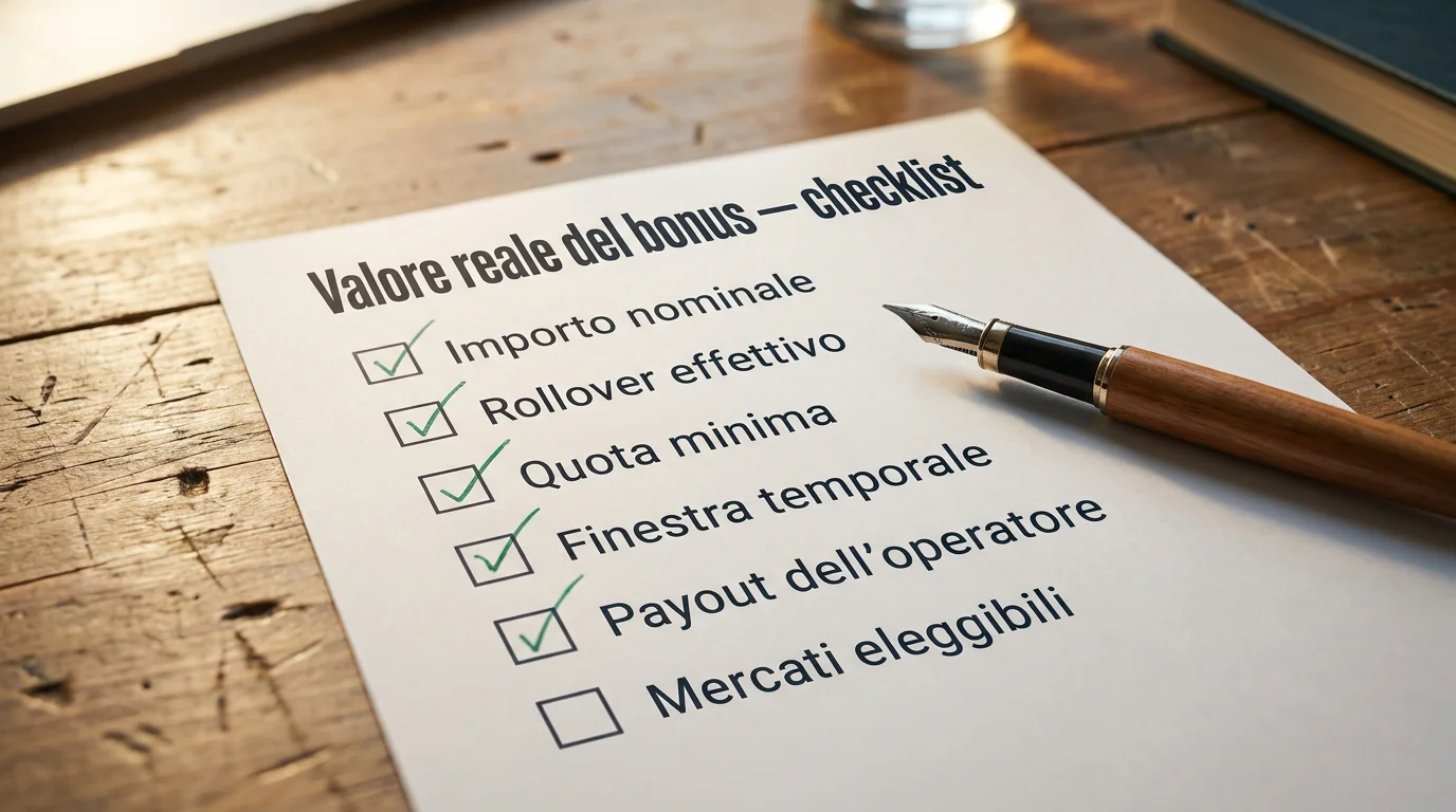 Foglio di lavoro con la checklist per calcolare il valore reale netto di un bonus benvenuto scommesse calcio