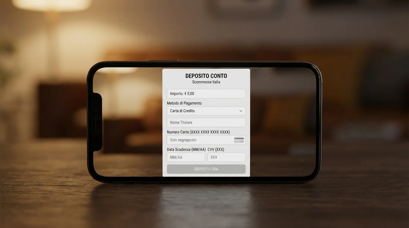 Schermata di un'app di scommesse con form di deposito simbolico tramite carta