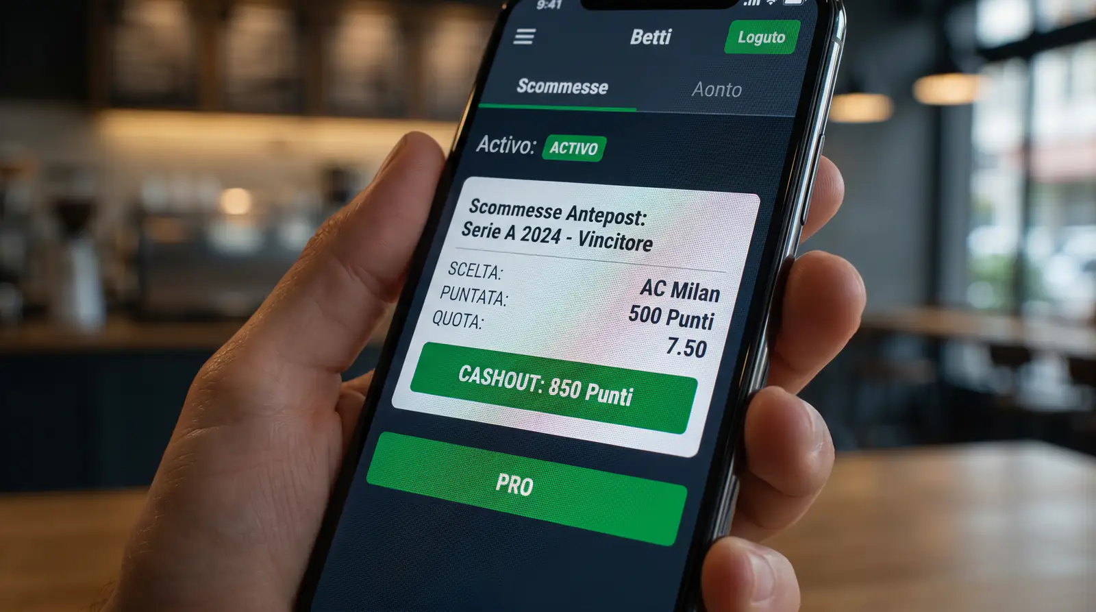 Schermata di un'app con il pulsante di cashout su una scommessa antepost di lungo termine