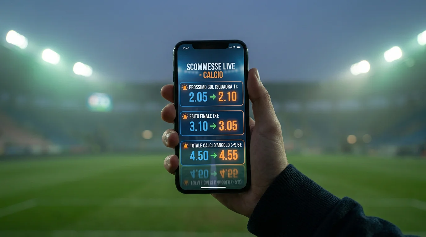Schermata di scommesse live con quote che cambiano in tempo reale durante una partita di calcio