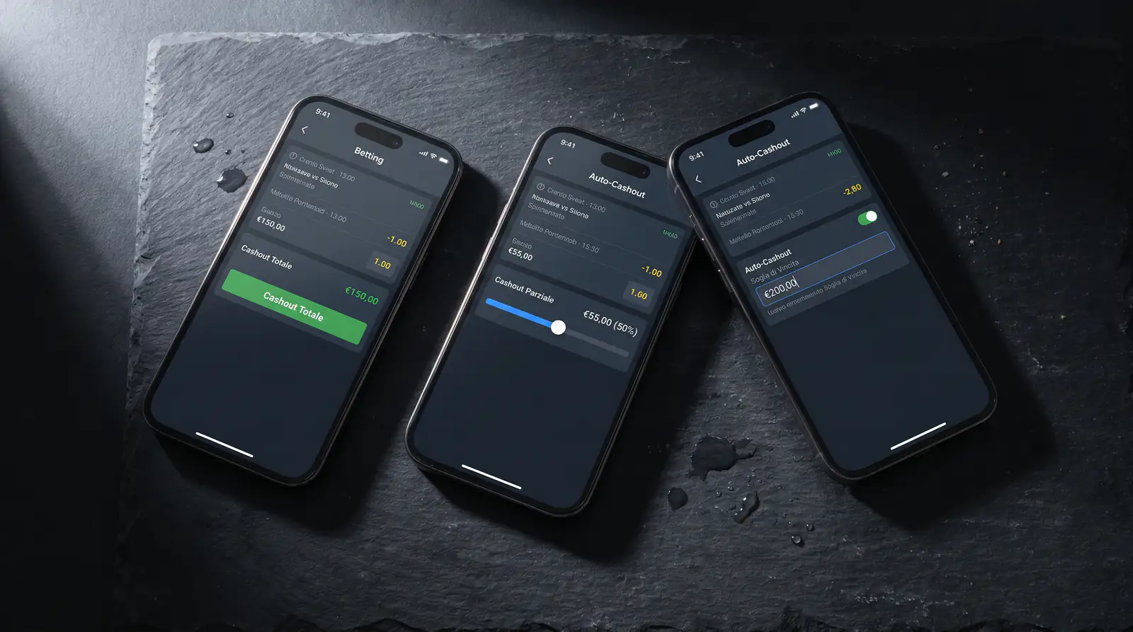 Tre schermate a confronto delle modalità di cashout totale, parziale e automatico nelle app di scommesse