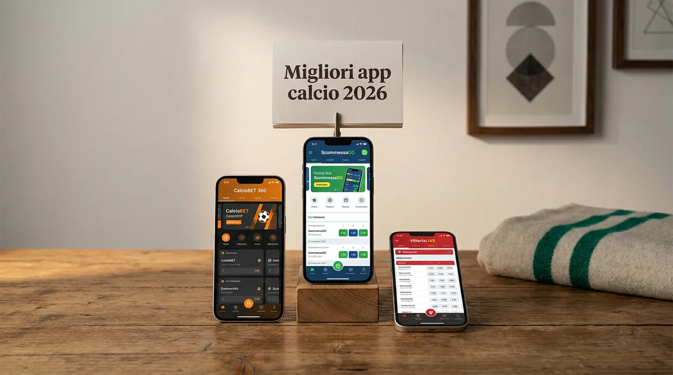 Podio simbolico delle migliori app di scommesse calcio italiane nel 2026 con i bookmaker leader del mercato