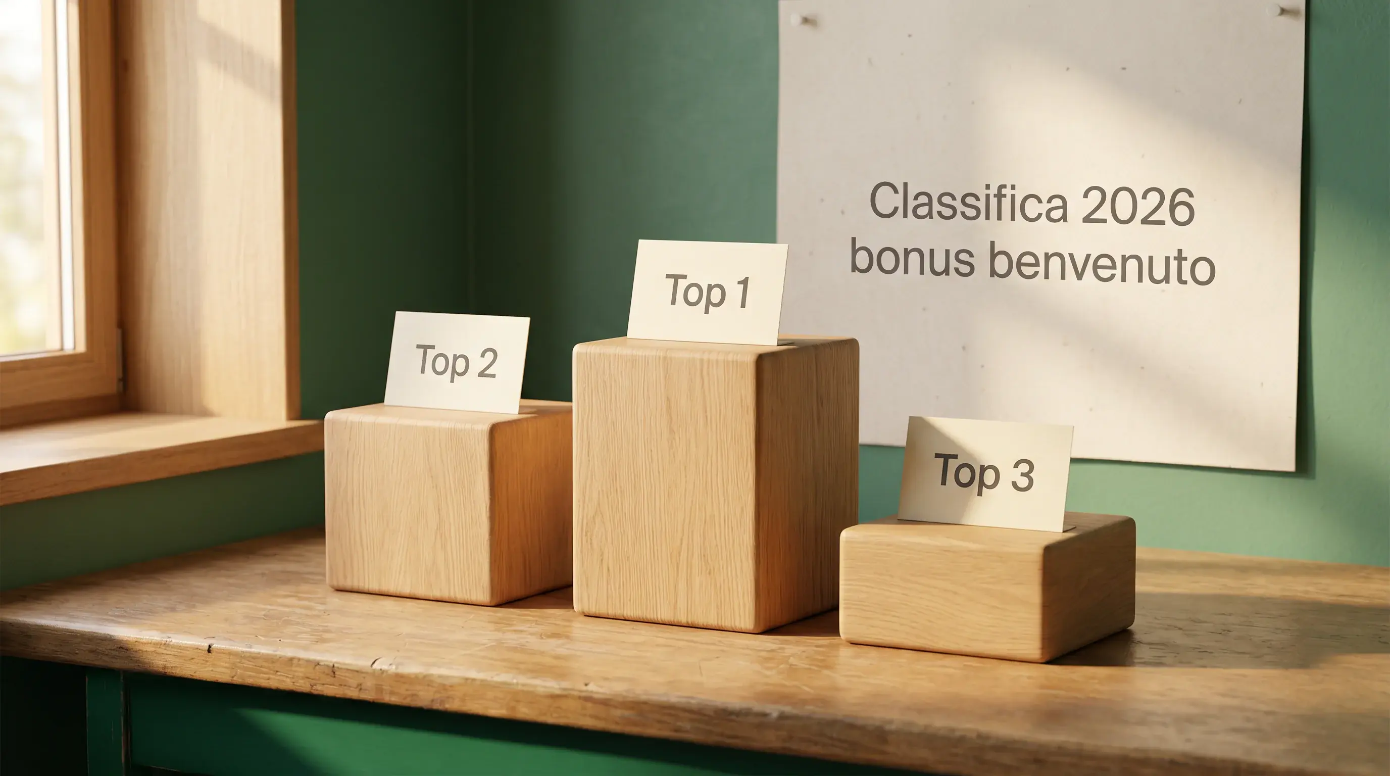 Podio simbolico dei migliori bookmaker italiani per bonus benvenuto sulle scommesse calcio nel 2026