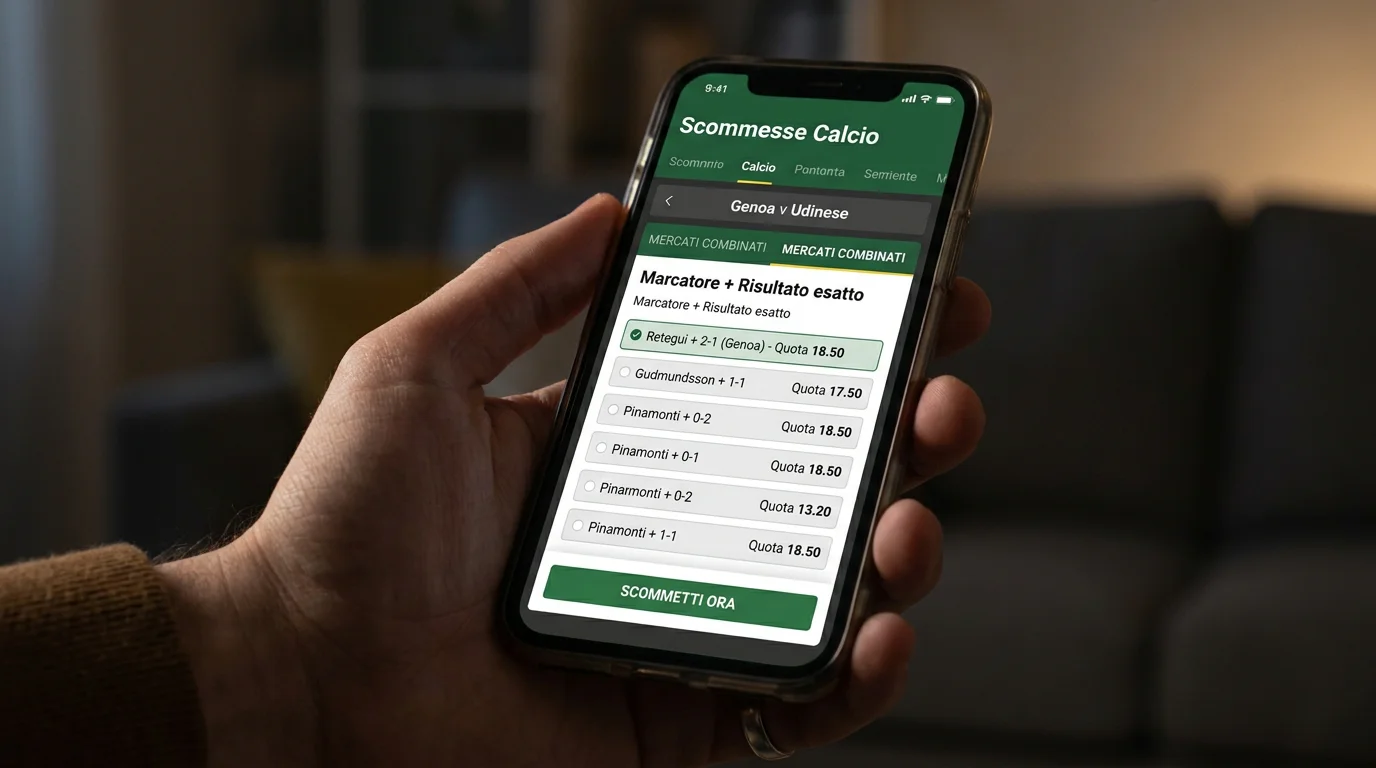 Schermata di un'app di scommesse con combinazione marcatore e risultato esatto