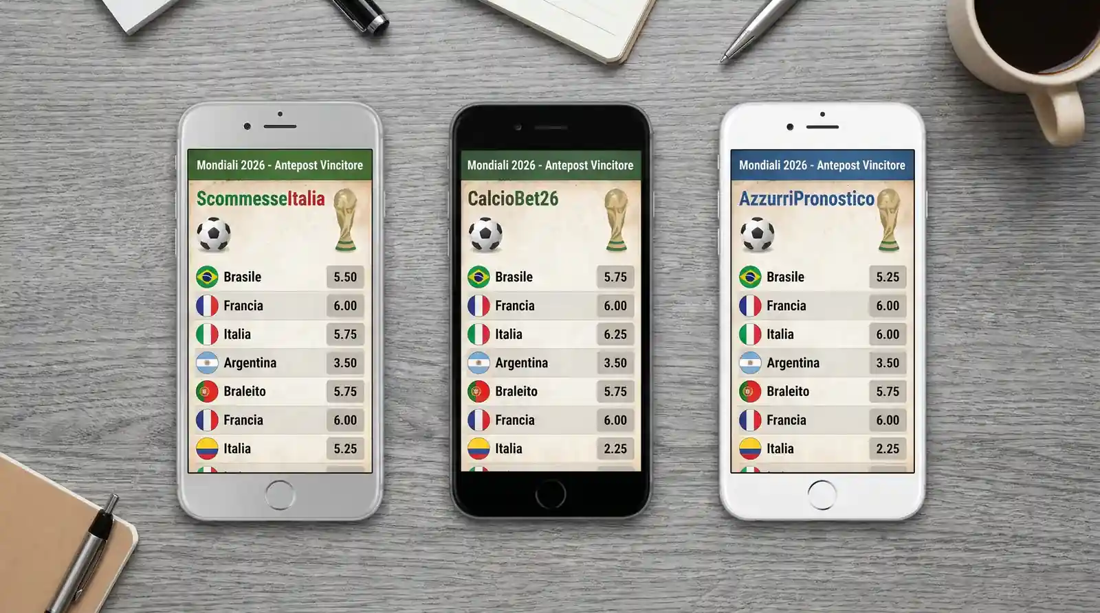 Tre smartphone affiancati con quote antepost diverse sui Mondiali 2026