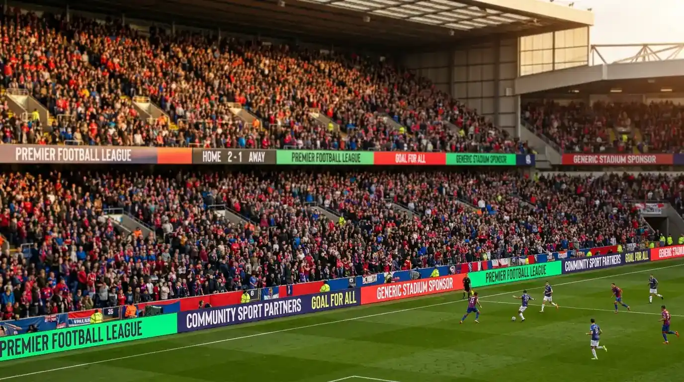 Stadio inglese con cartelloni pubblicitari di sponsor di scommesse sui bordi del campo