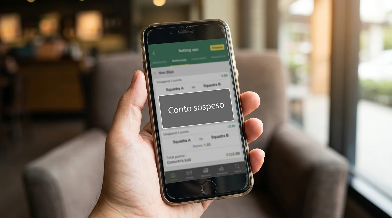 Schermata di un conto scommesse con notifica di sospensione attiva