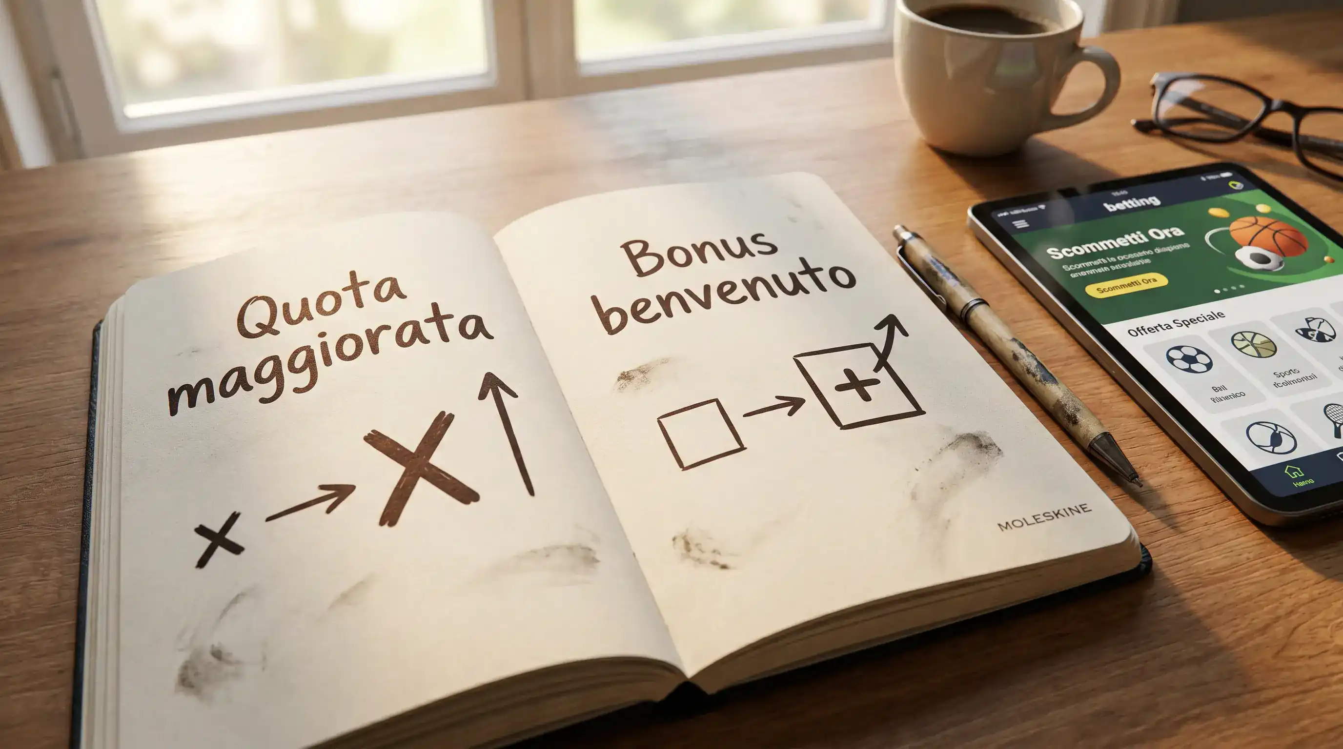 Confronto visivo fra una quota maggiorata e un bonus di benvenuto sui bookmaker italiani