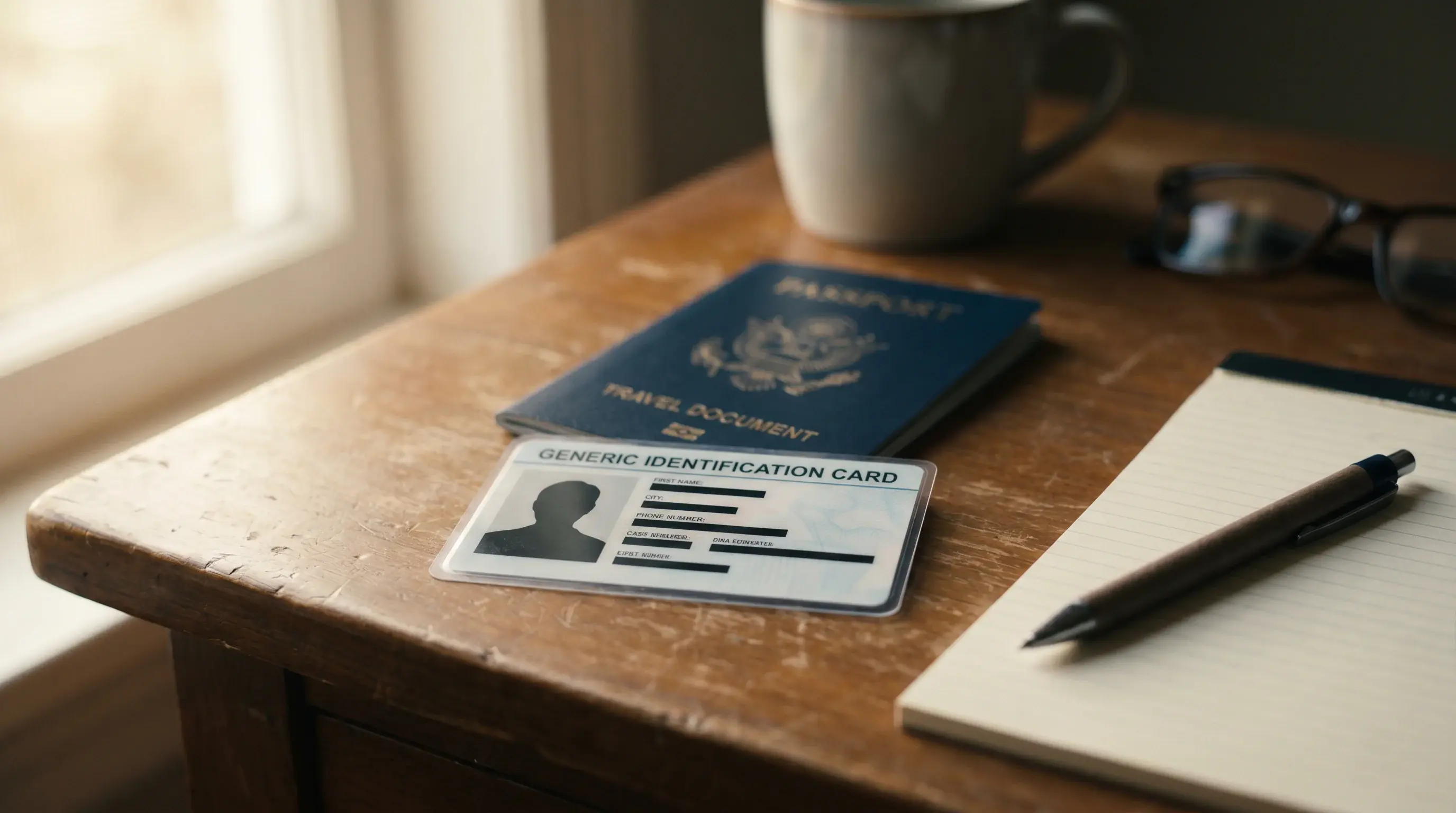 Documenti generici di identità su una scrivania per la verifica KYC