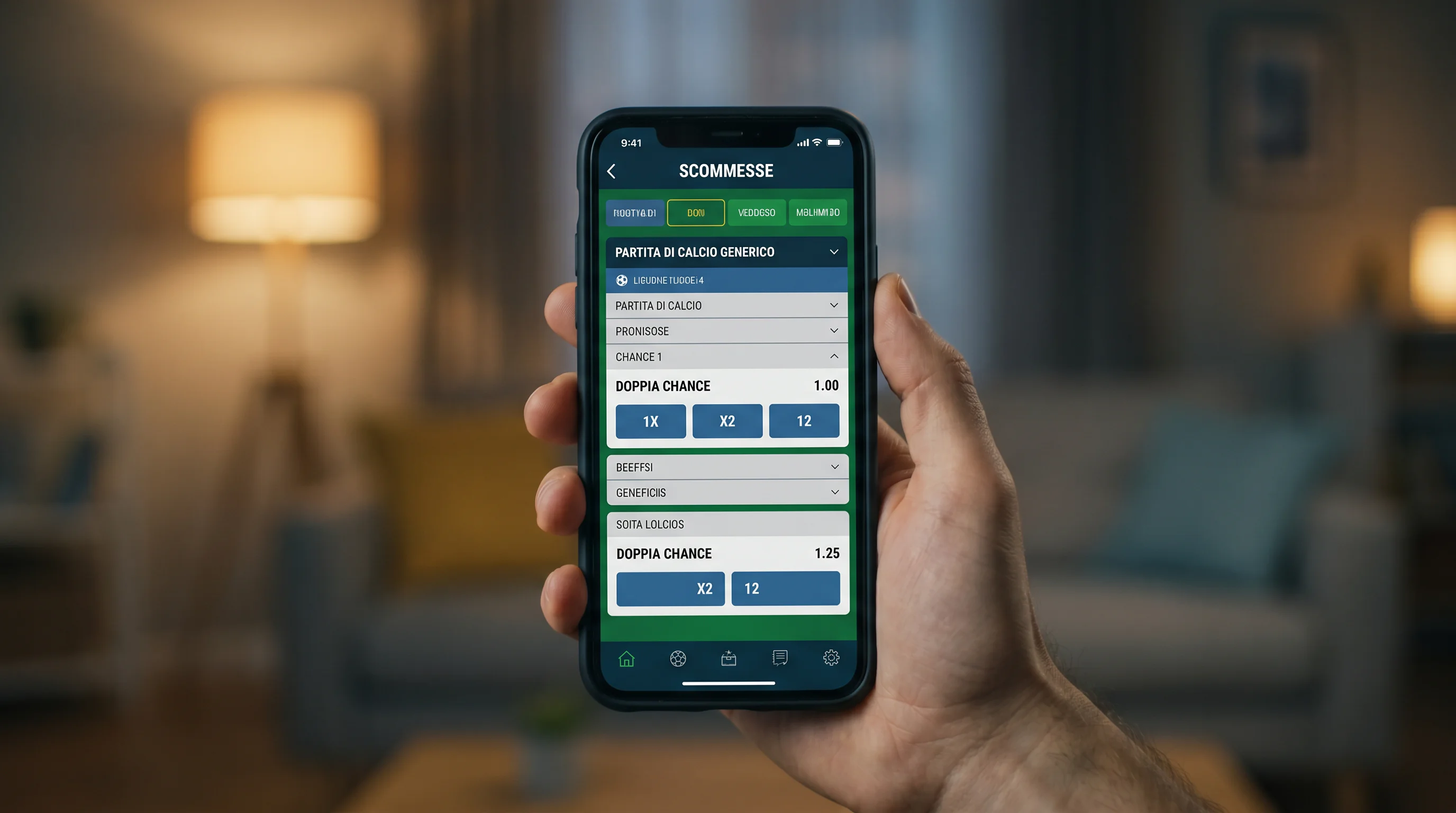 Schermata di un'app di scommesse con il mercato Doppia Chance evidenziato