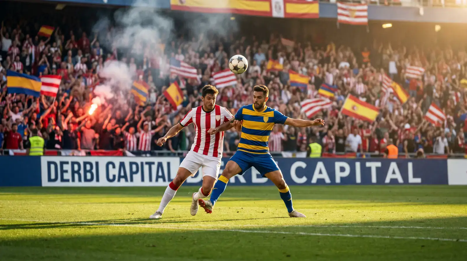 Calciatori in azione durante un derby spagnolo di Liga in uno stadio affollato
