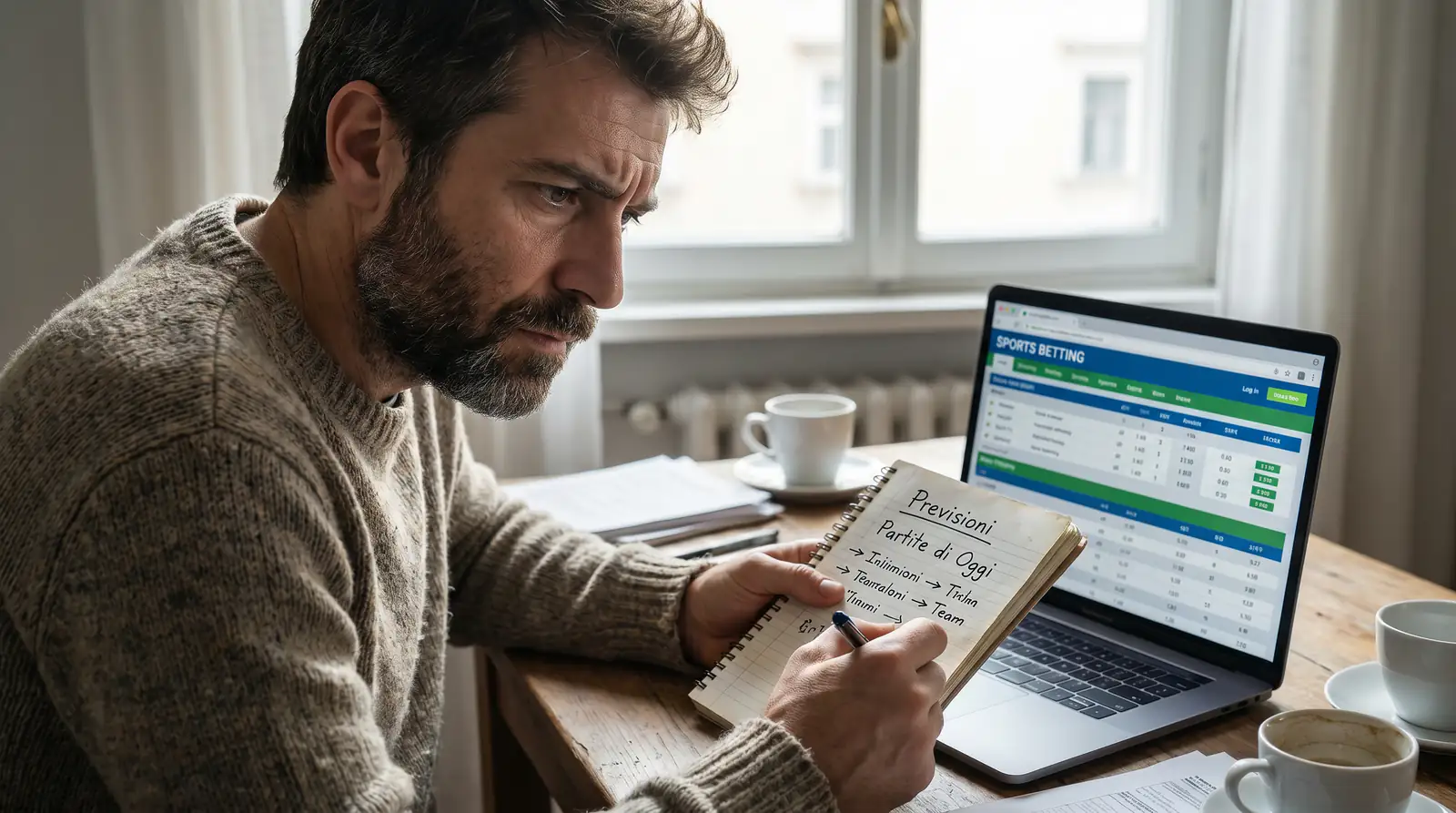 Persona pensierosa che osserva una lista di pronostici antepost sui Mondiali
