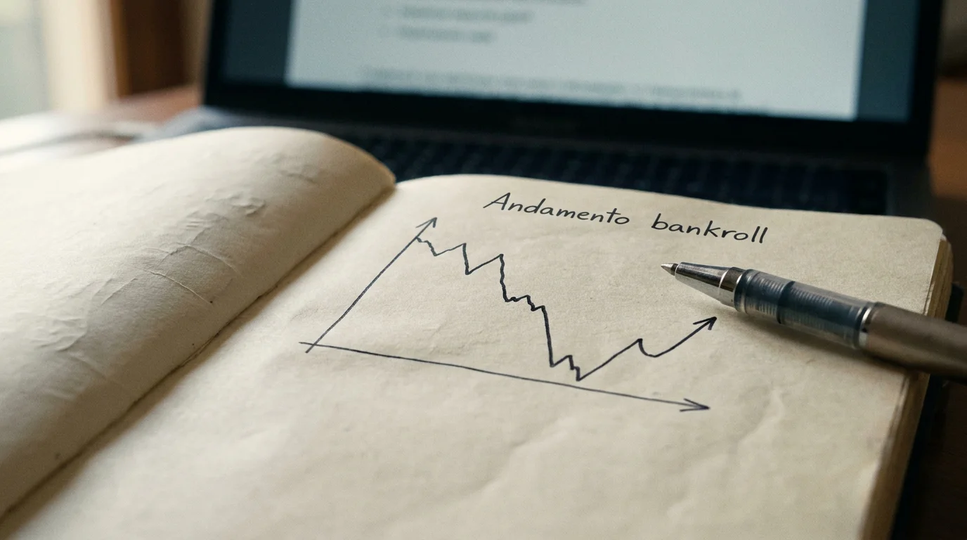 Persona che valuta un grafico di andamento del bankroll su un blocco appunti