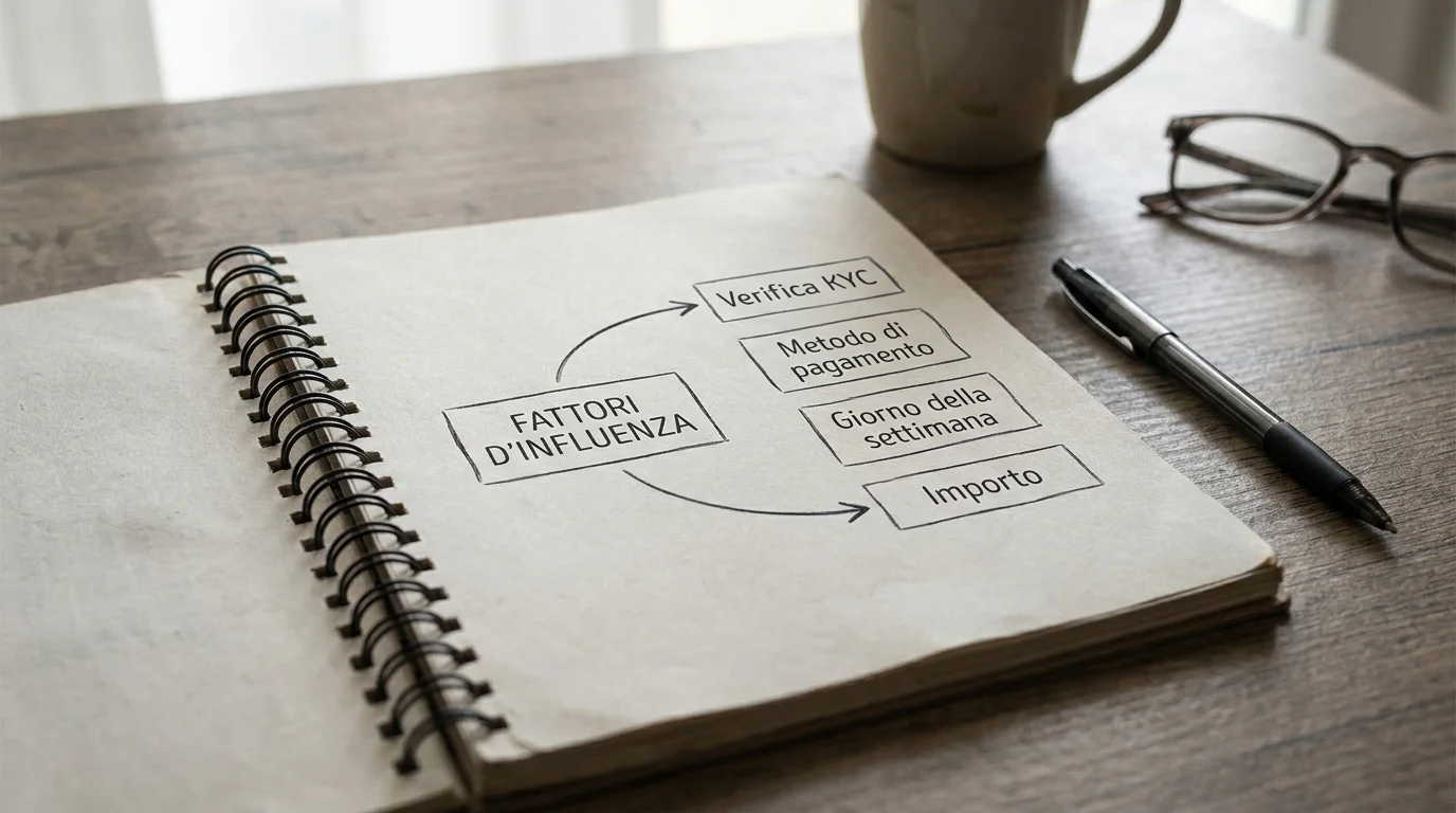 Schema visivo dei fattori che determinano i tempi di prelievo sui bookmaker