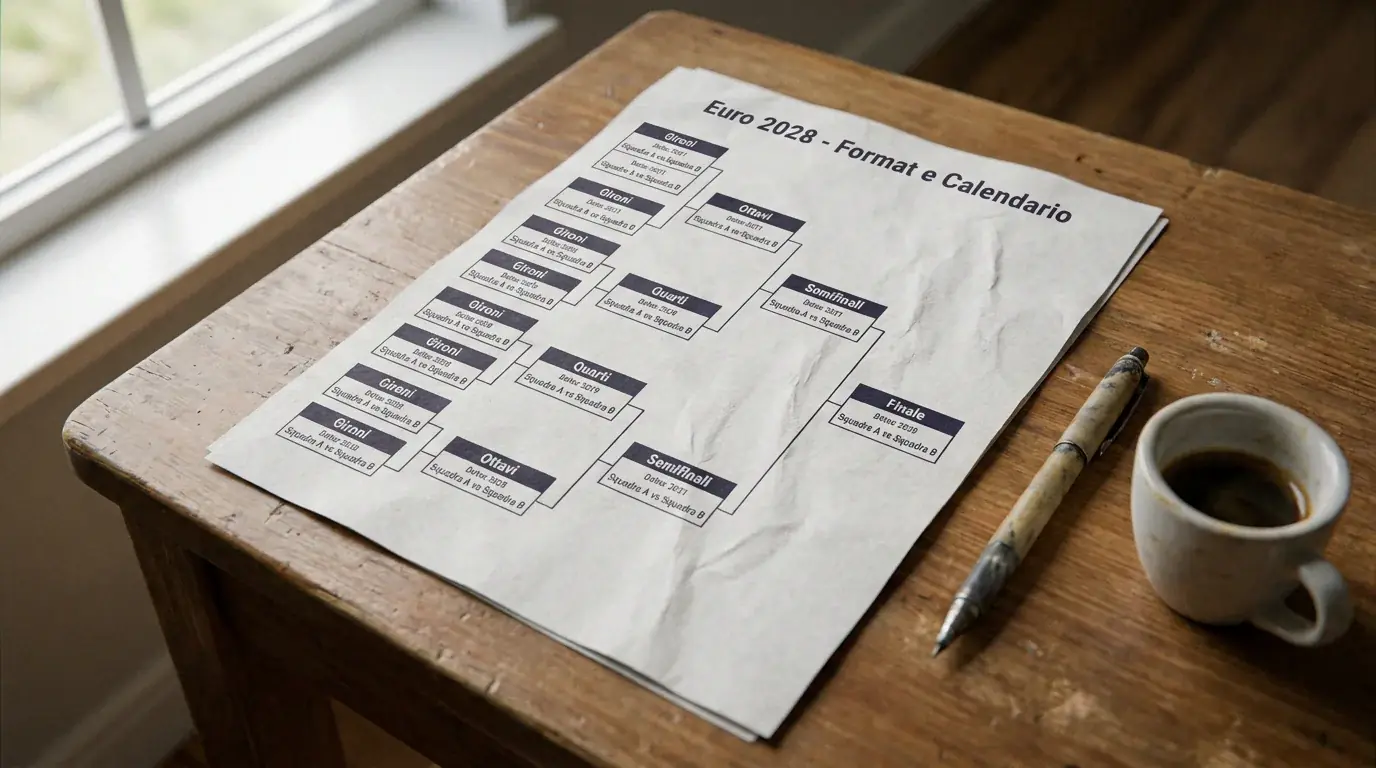 Schema del format e del calendario di UEFA Euro 2028 stampato su un foglio