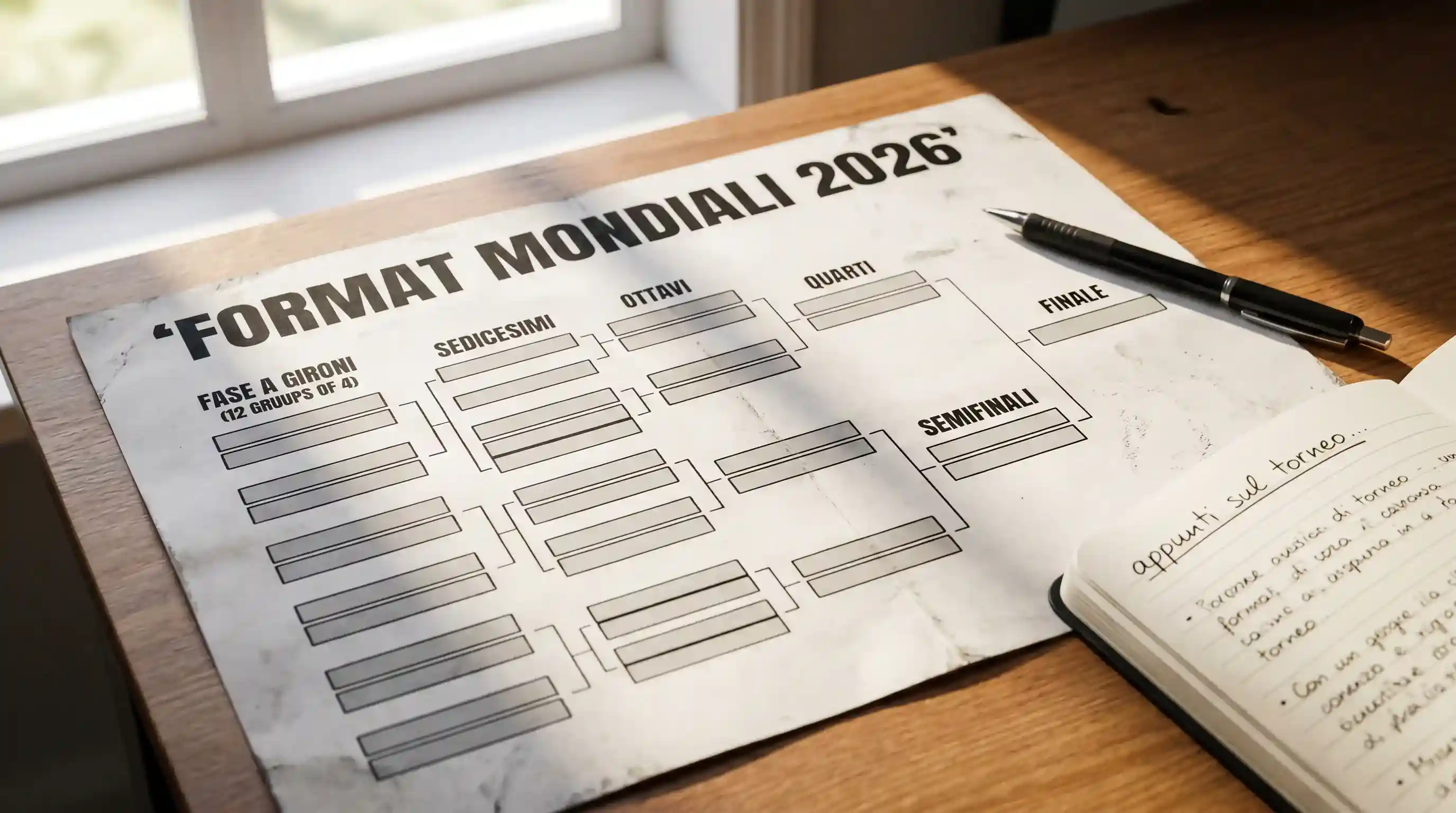 Schema visivo del nuovo format dei Mondiali 2026 con 48 squadre partecipanti