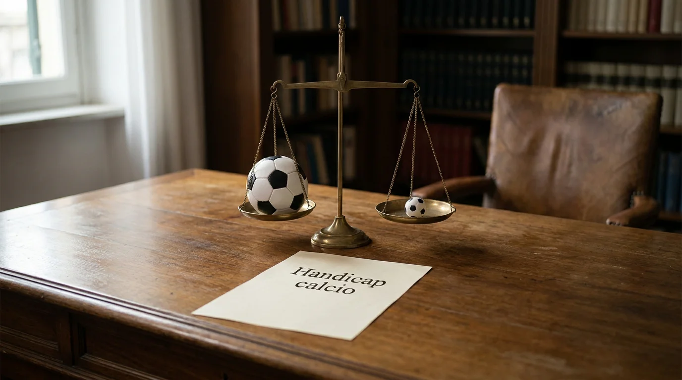 Bilancia simbolica che rappresenta il bilanciamento del pronostico tramite handicap europeo o asiatico nel calcio