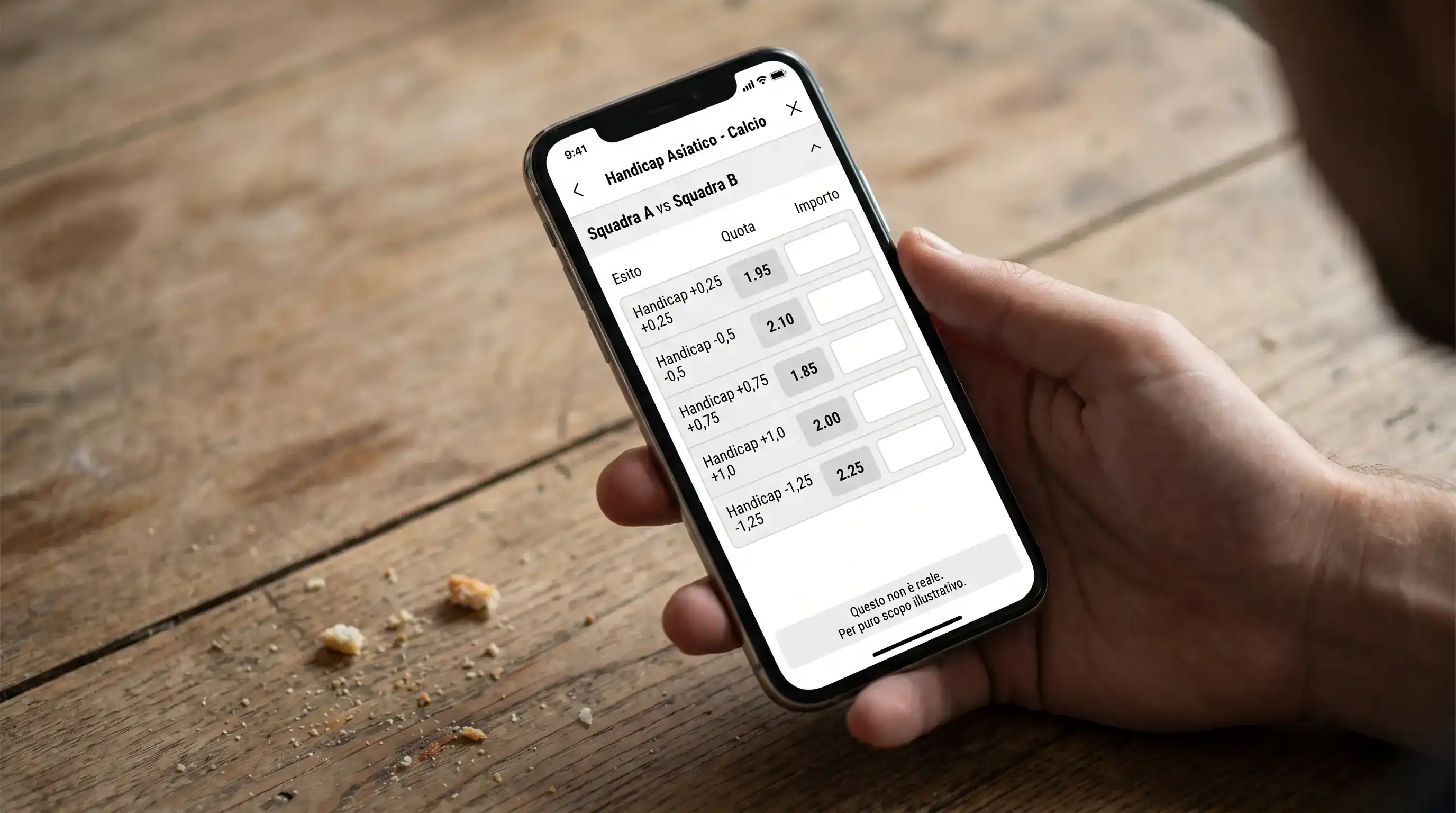 Dettaglio di un'app con la schermata dell'handicap asiatico e valori frazionali