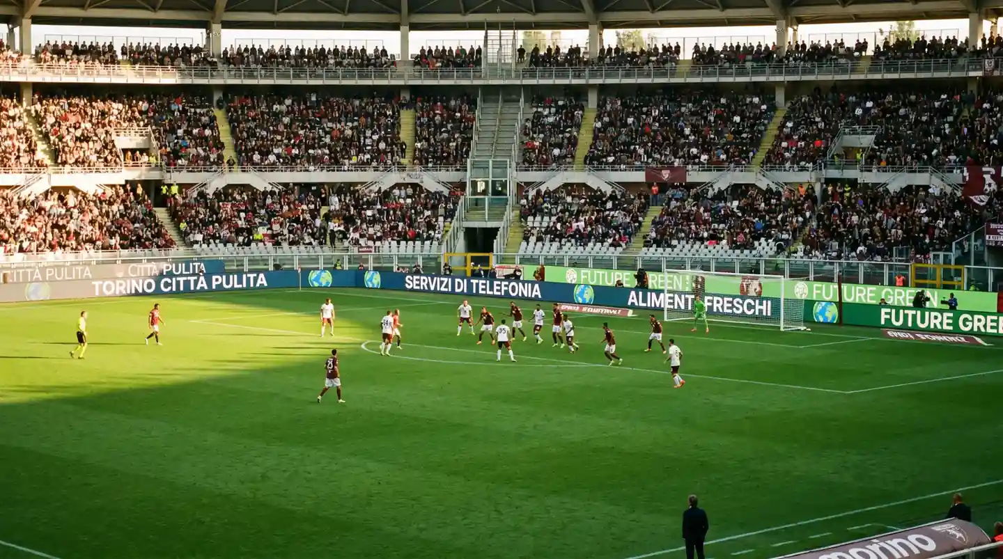 Stadio italiano con cartelloni pubblicitari neutri dopo il Decreto Dignità