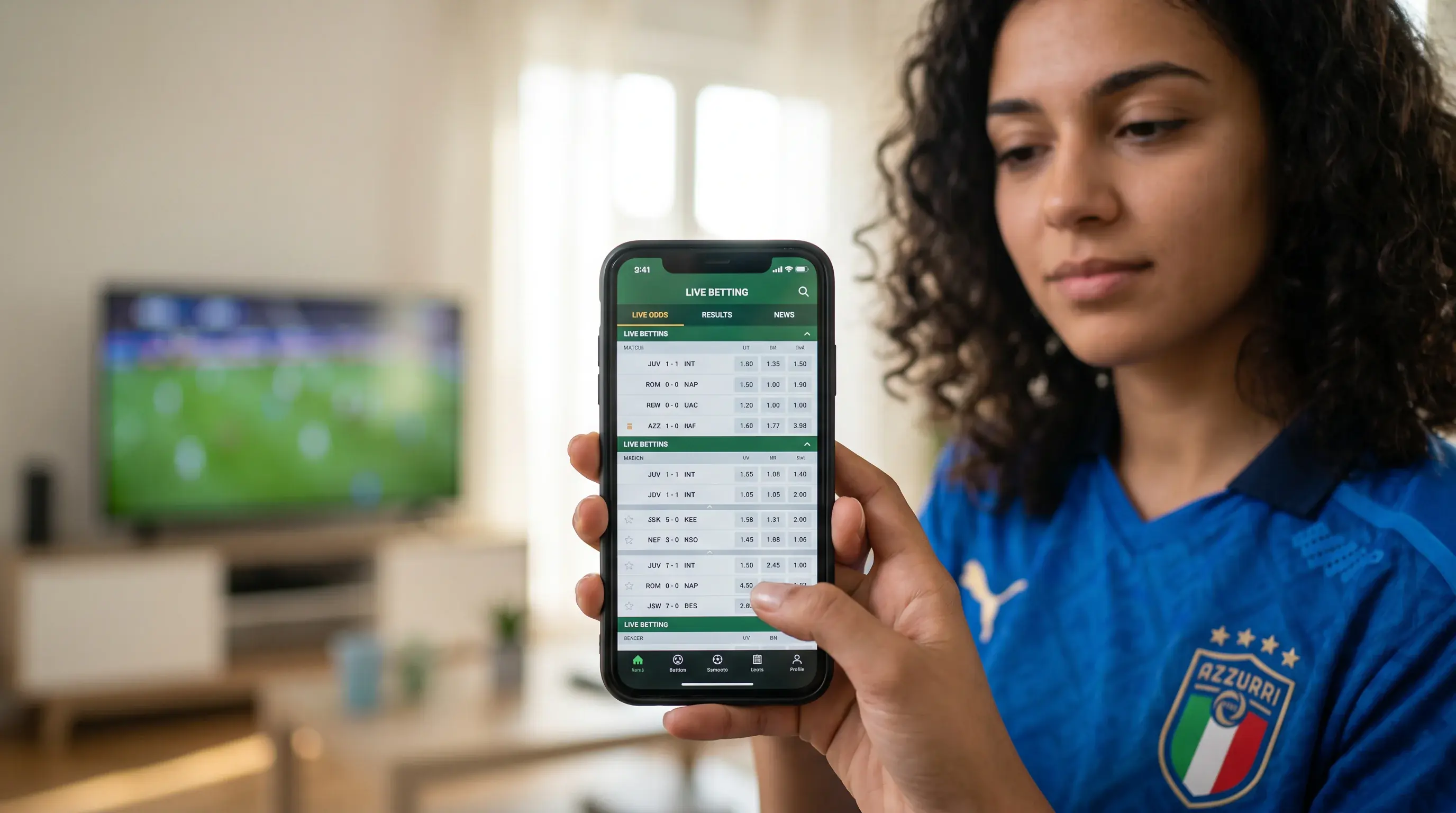 Interfaccia mobile di un'app di live betting italiana con palinsesto delle partite in corso
