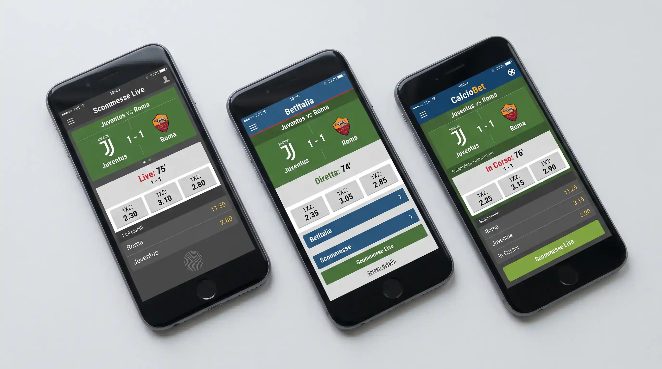 Tre smartphone affiancati con interfacce di scommesse live a confronto