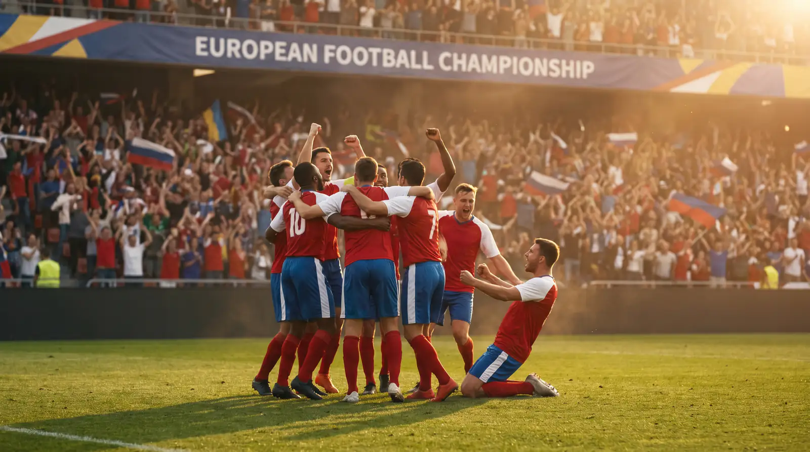 Calciatori europei festeggiano una vittoria durante un torneo internazionale