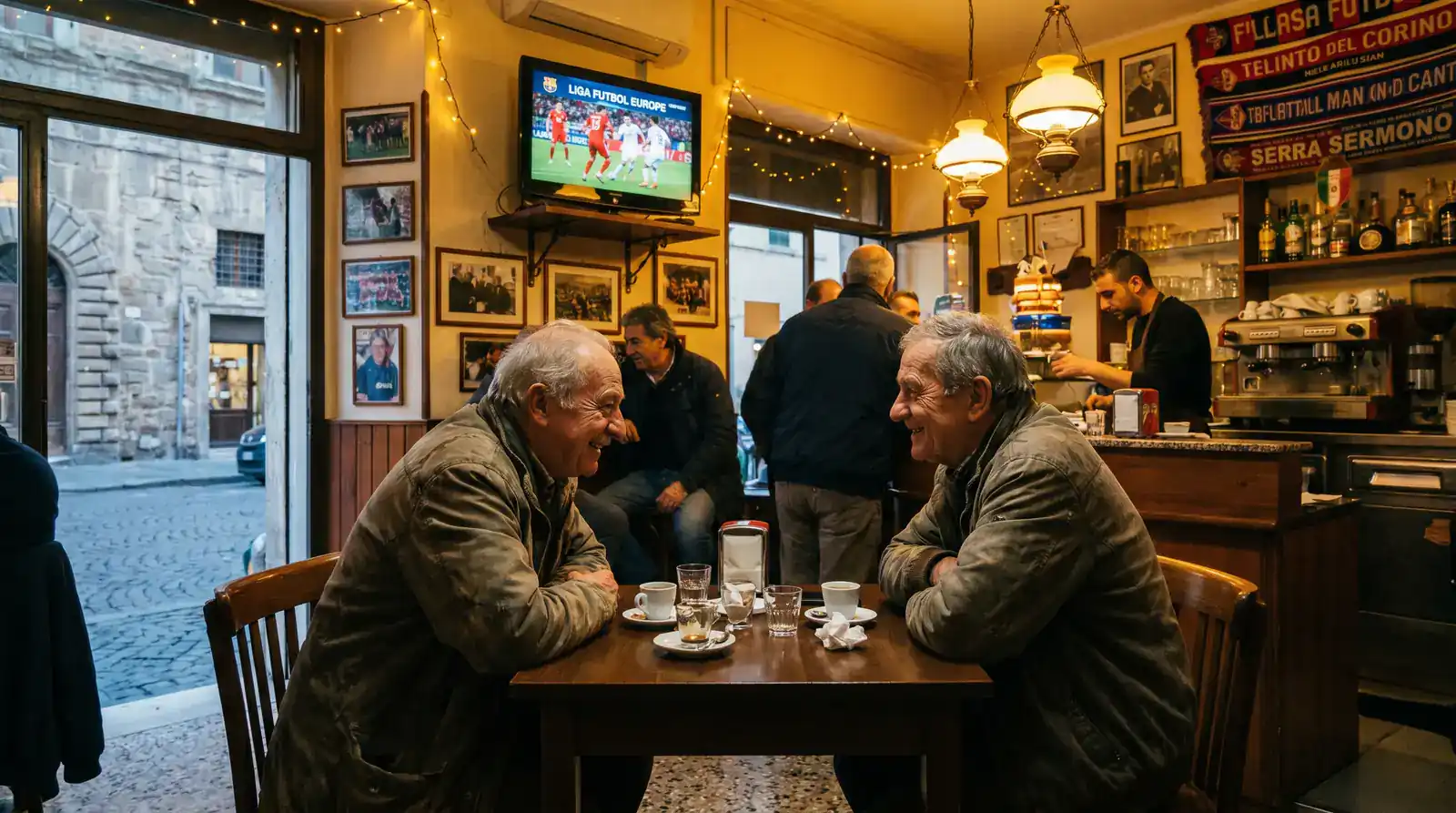 Tifosi italiani che guardano una partita di Liga in un bar con tv accesa