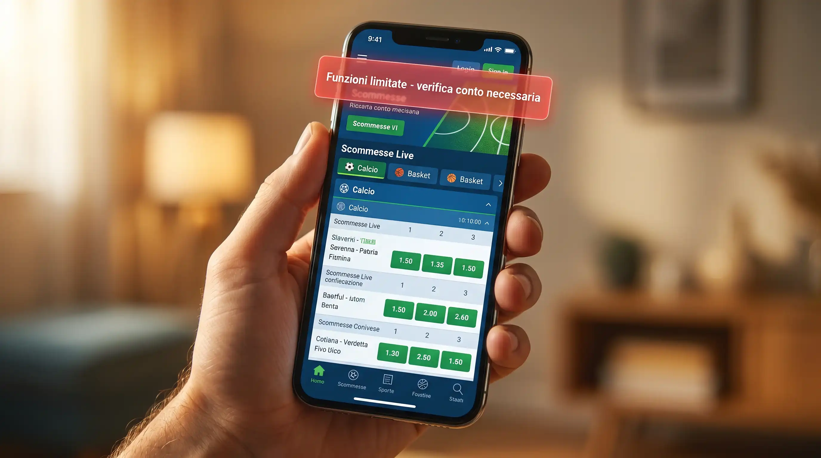 Schermata di un'app di scommesse con notifica di funzioni limitate prima della verifica
