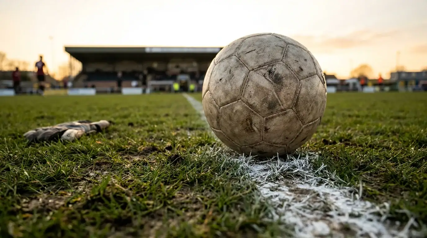 Pallone da calcio fermo sulla linea bianca di un campo dopo un'azione imprevista