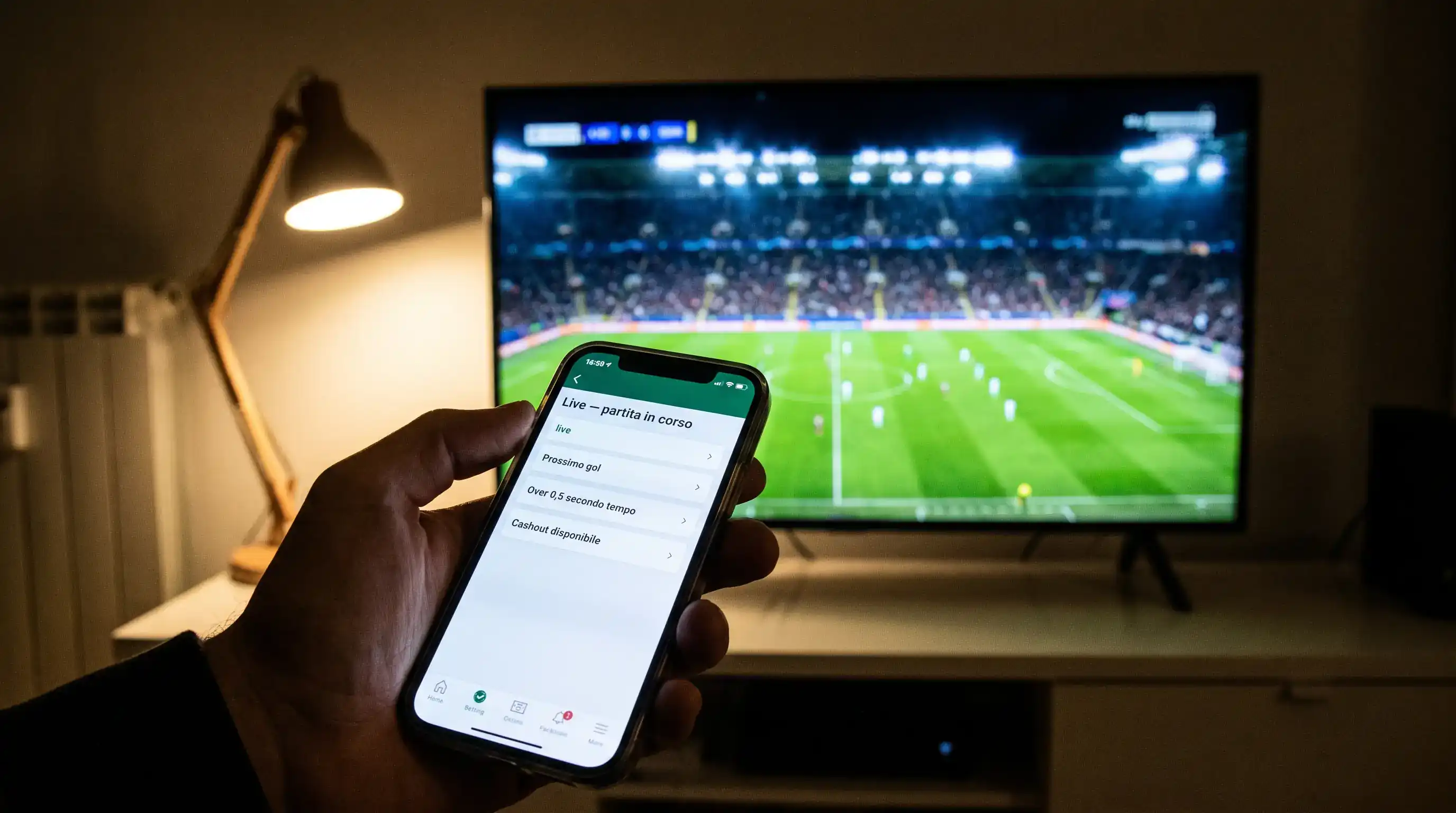 Schermo di smartphone con quote live aggiornate in tempo reale durante una partita di Champions League