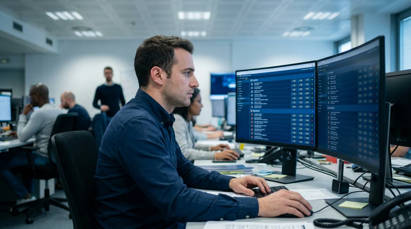 Trader scommesse al lavoro nella sala operativa di un bookmaker che monitora margini e payout sui mercati live