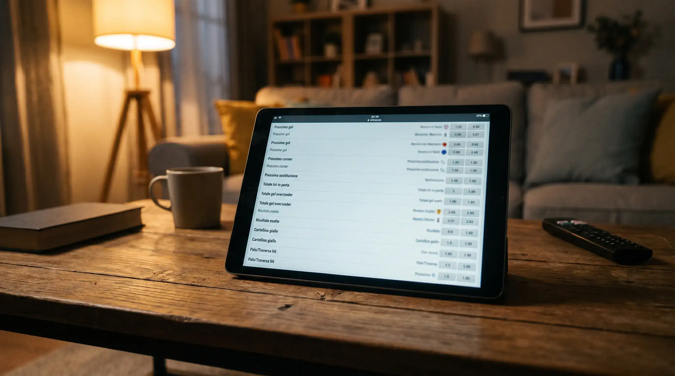 Lista dei mercati live disponibili durante una partita di calcio in un'app italiana
