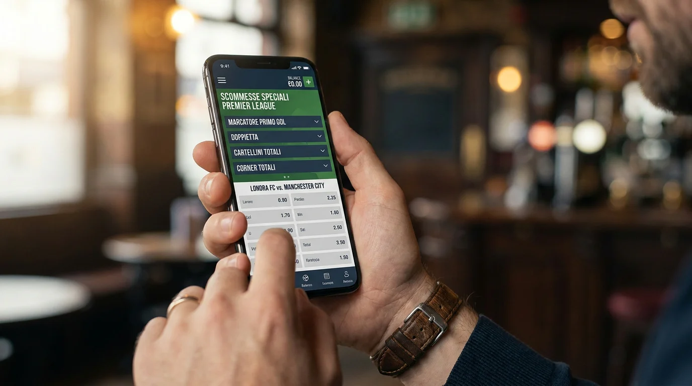 Schermata di un'app di scommesse con mercati speciali e quote sul marcatore in Premier League