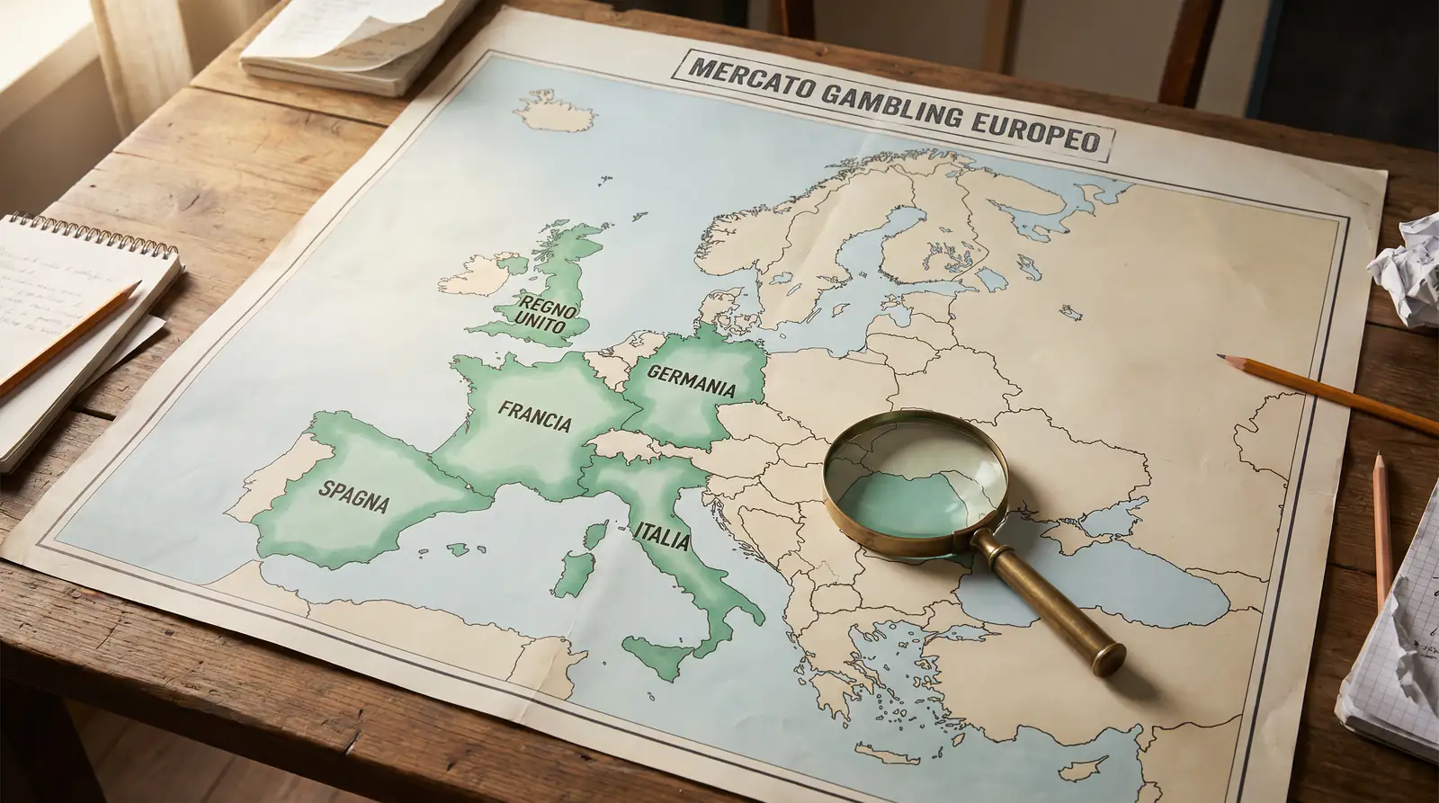 Cartina dell'Europa con evidenziati i principali mercati del gambling regolamentato fra cui Italia, Regno Unito, Francia e Germania
