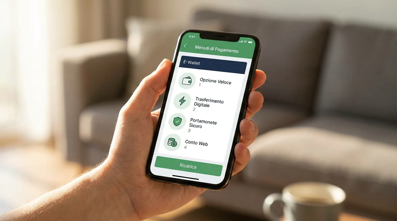 Schermata con varie opzioni di portafoglio elettronico su un'app di scommesse