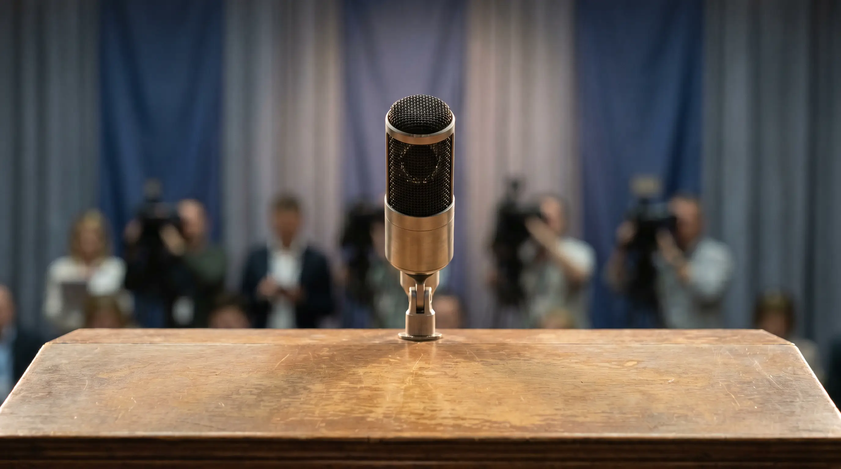 Microfono su un podio in una conferenza stampa istituzionale sul calcio italiano