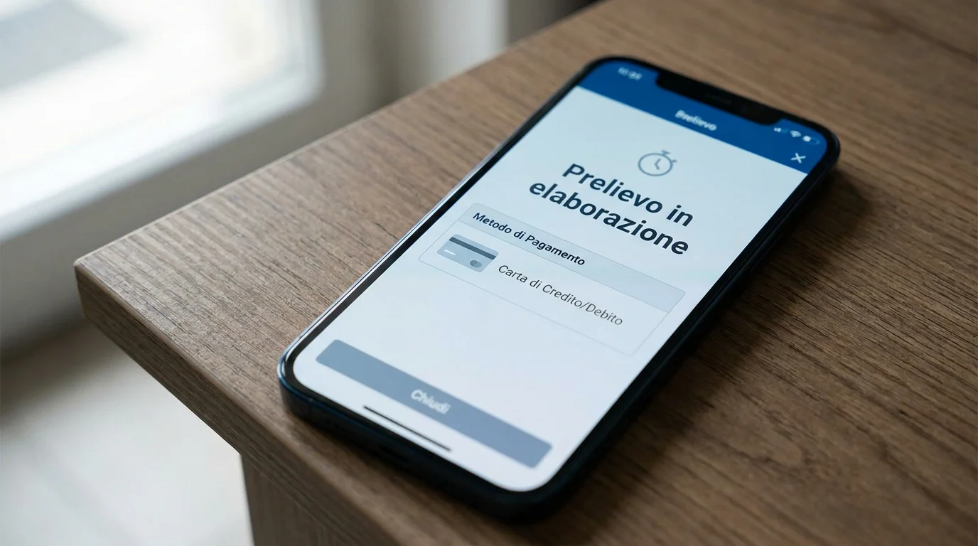 Schermata di un'app di scommesse con conferma di prelievo su carta in elaborazione