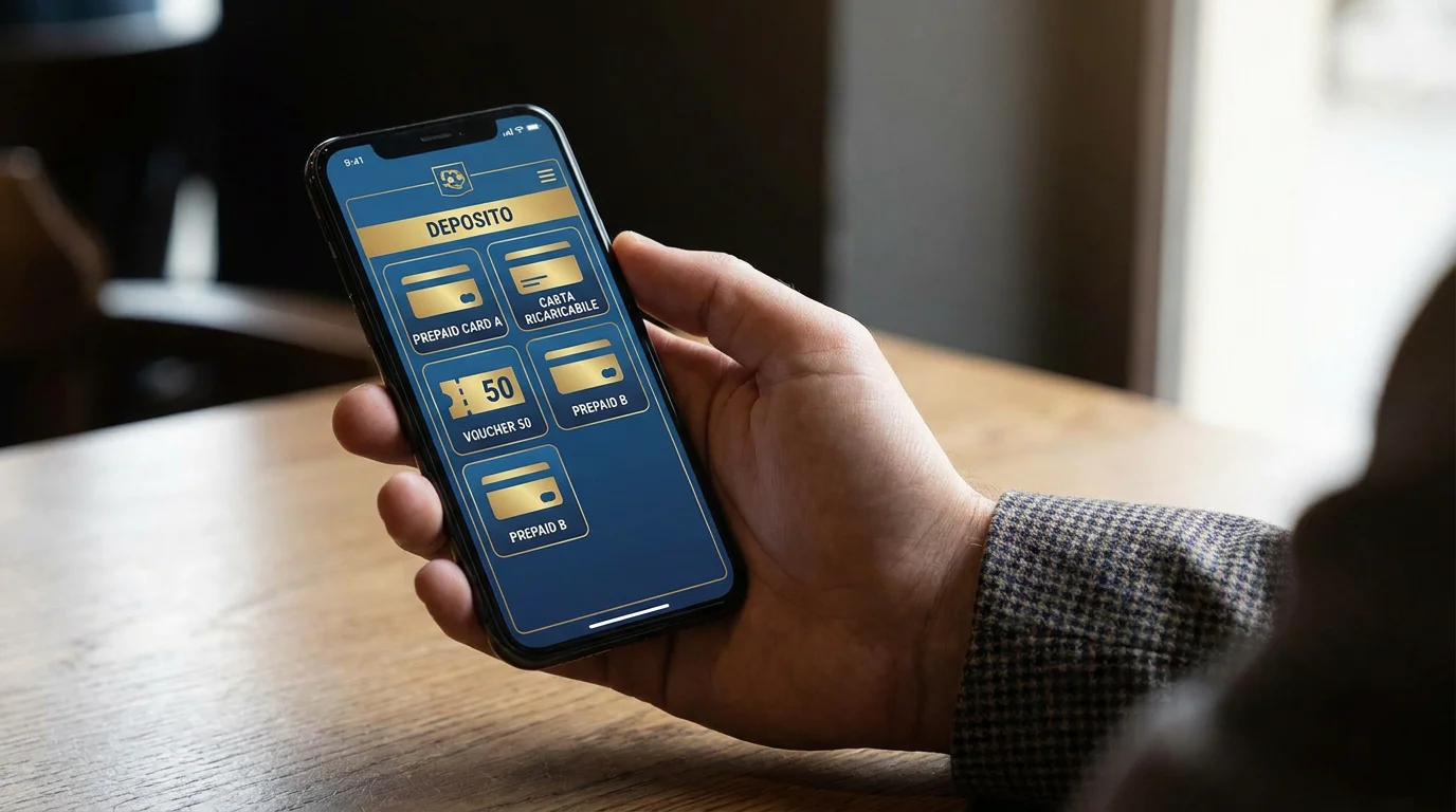 Schermata di un'app di scommesse con opzioni di carte prepagate per il deposito