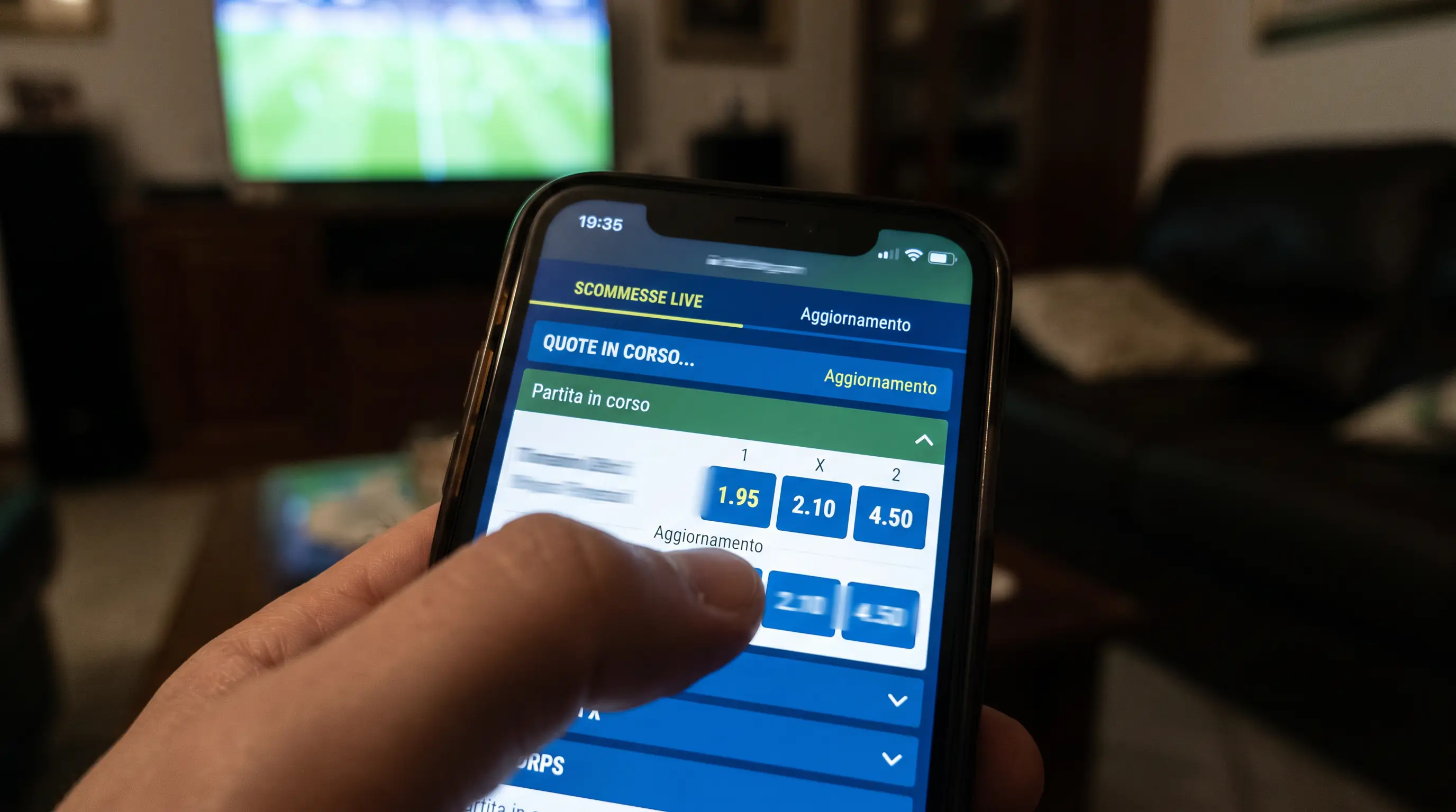 Schermata con quote di calcio che si aggiornano dopo un'azione decisiva di una partita