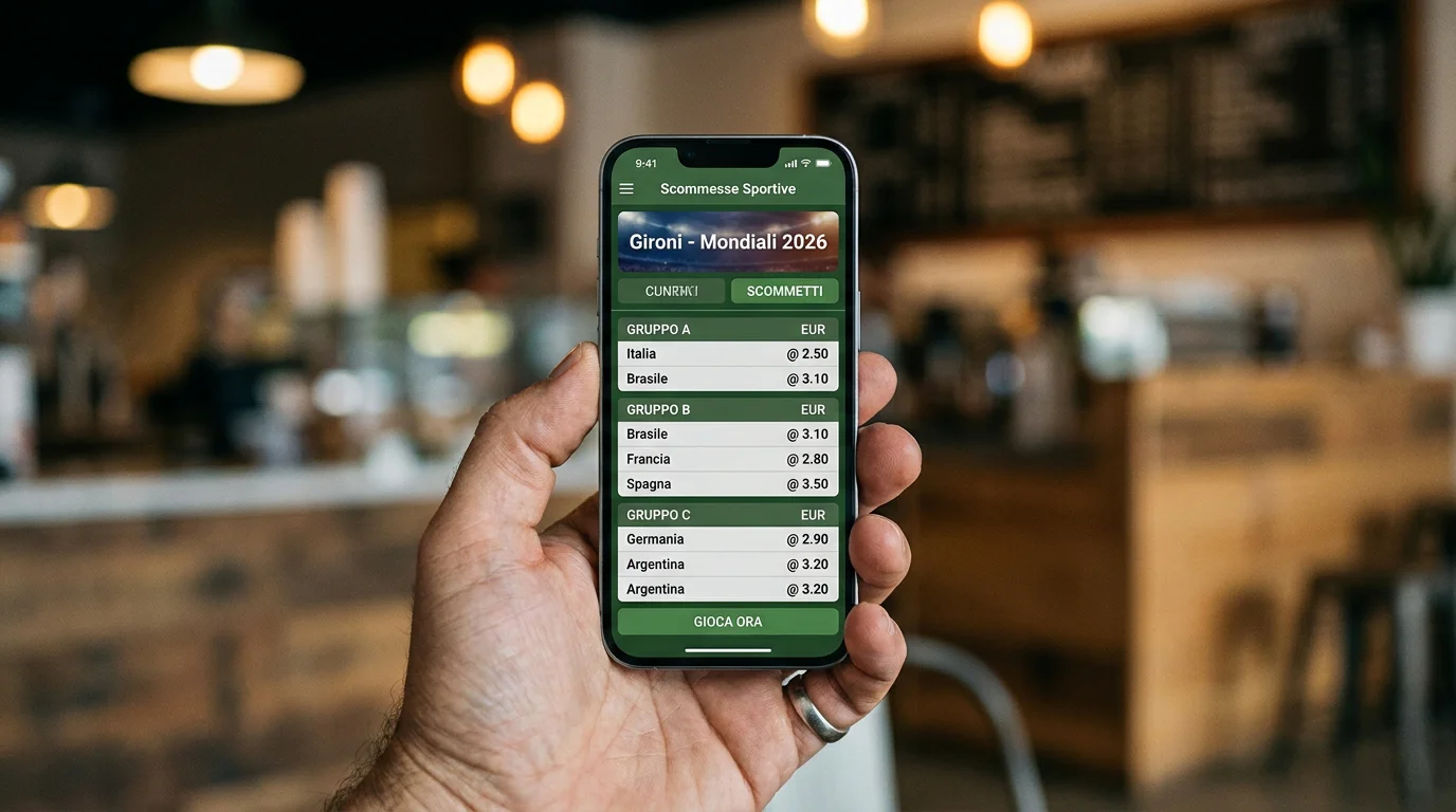 Schermata di un'app di scommesse italiana con quote sui gironi dei Mondiali 2026