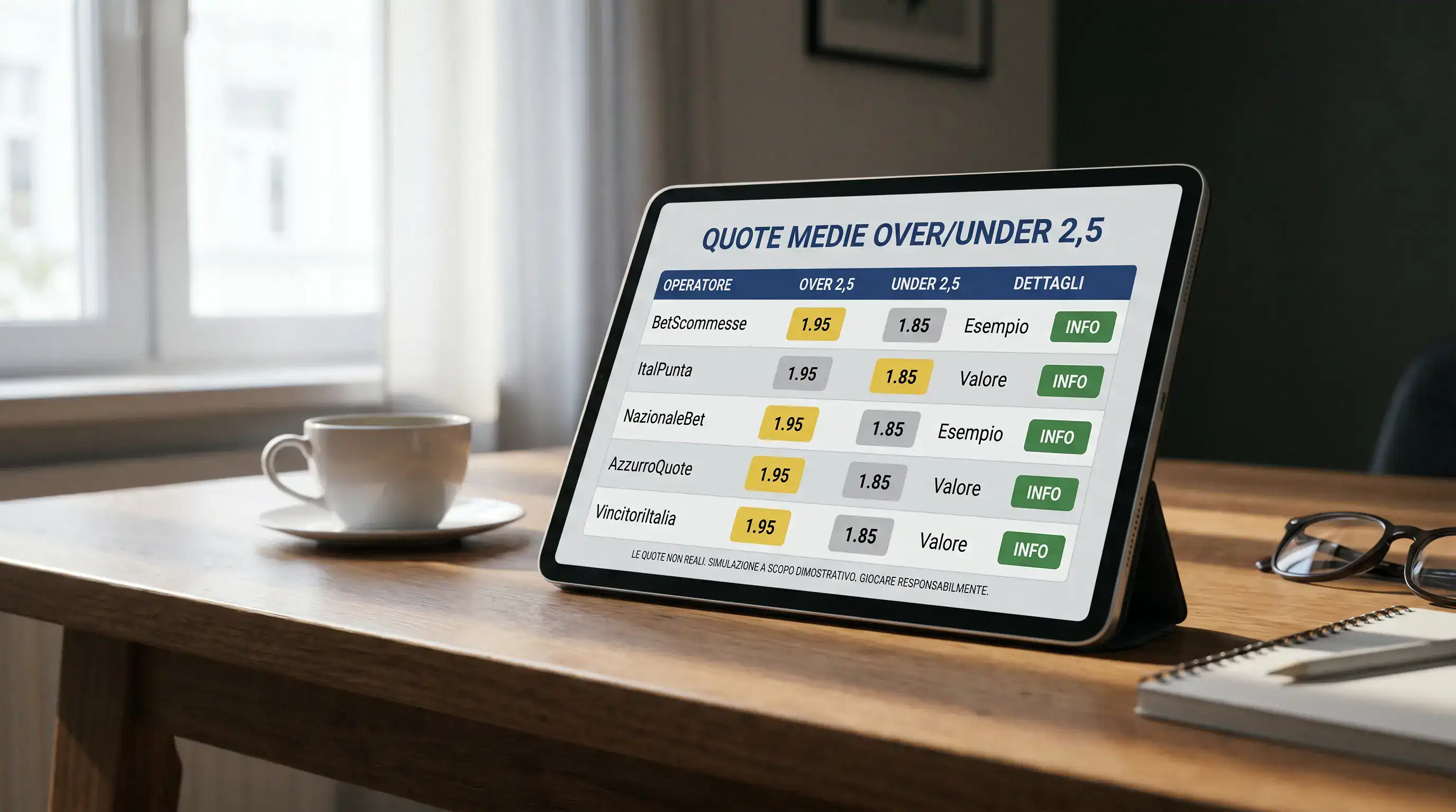 Schermata con quote medie Over Under 2,5 su diversi bookmaker italiani