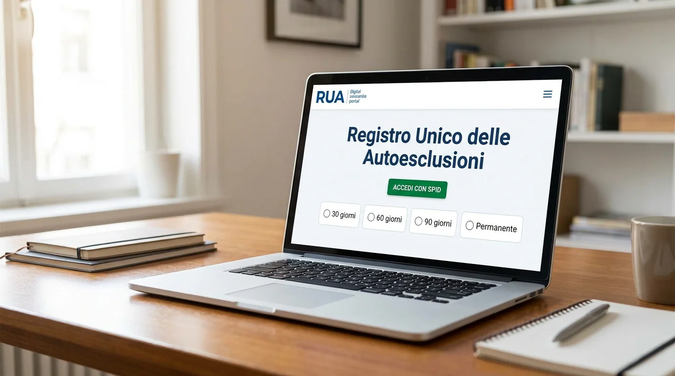 Schermata concettuale del portale RUA per l'autoesclusione dai conti di gioco a distanza tramite SPID e CIE