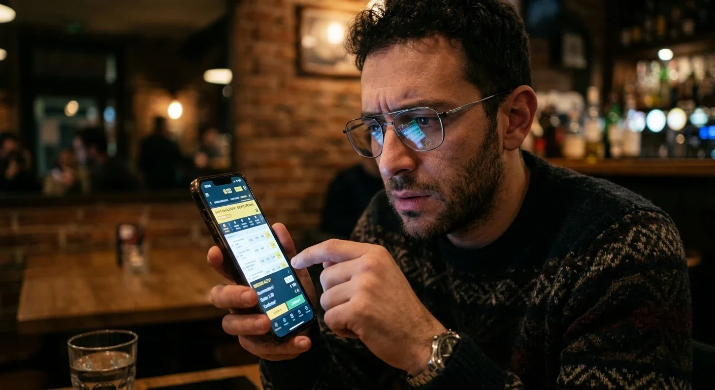 Tifoso pensieroso davanti allo smartphone con quota maggiorata su una partita di calcio