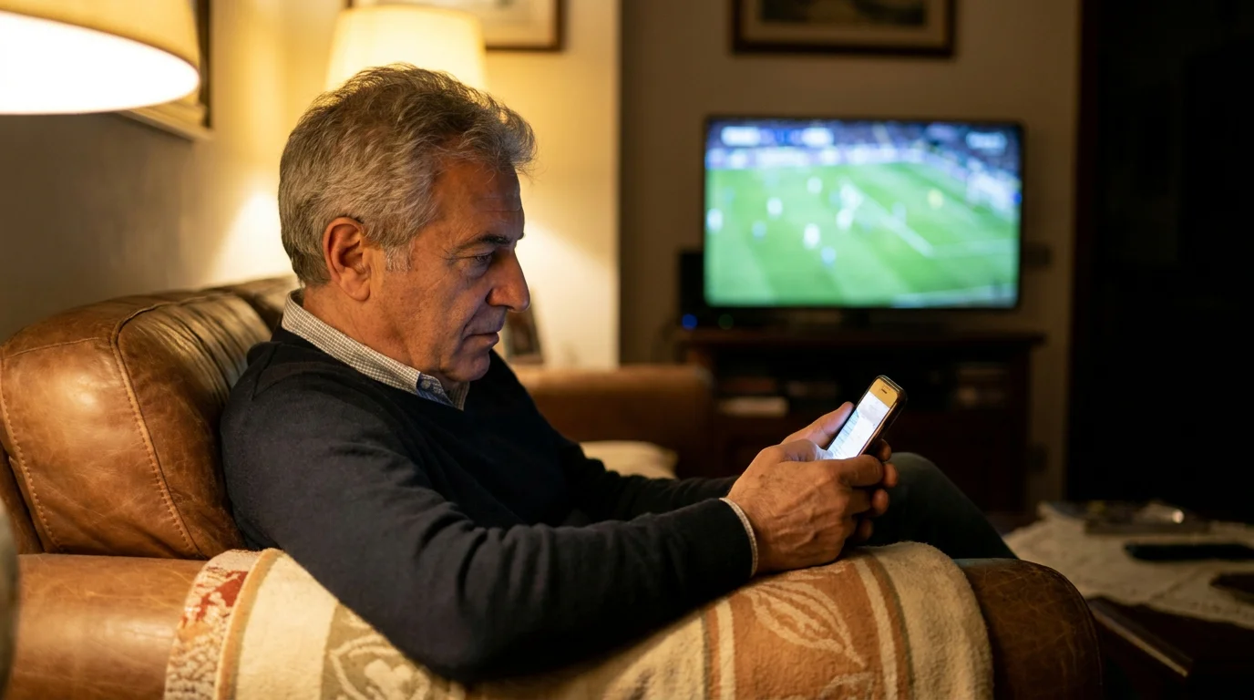 Tifoso che osserva pensieroso una partita di calcio in tv durante una decisione